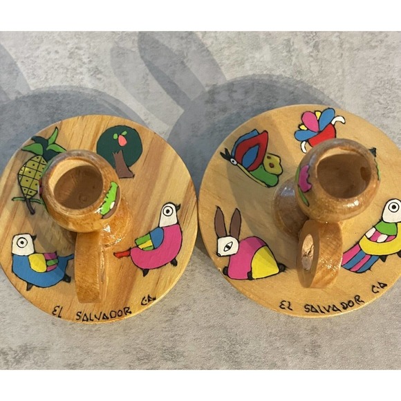 2 - Small Colorful Wooden Candle Stick Holders Made In EL Salvador - Picture 4 of 13
